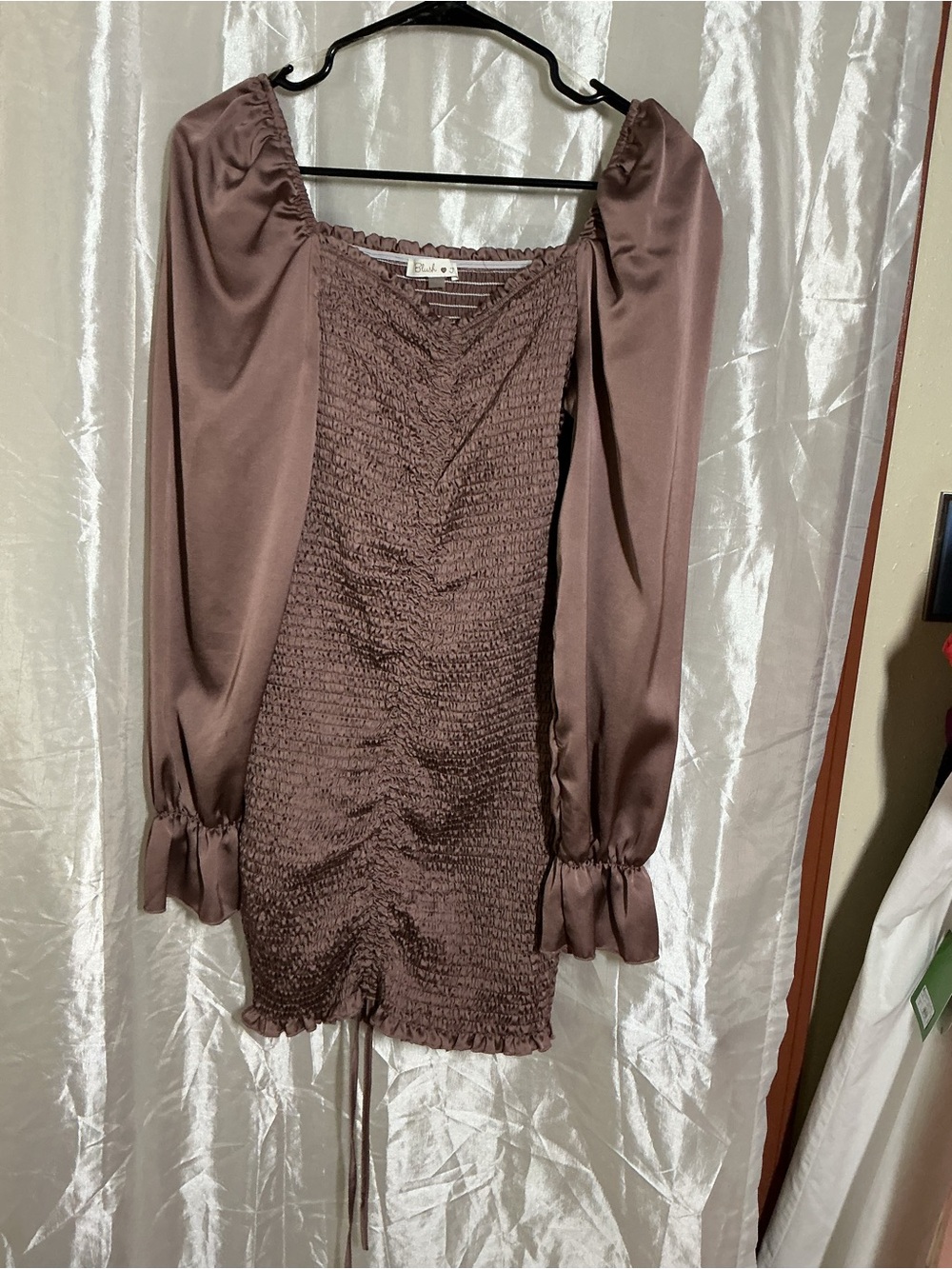 Blush Satin-Sleeve Smocked Tunic in Mauve